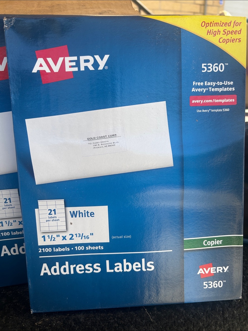5-Count Case- Avery White Address Labels 5360 Pack-500 Sheets
